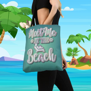 Treffen Sie mich am Strand farbenfroher Text Tasche