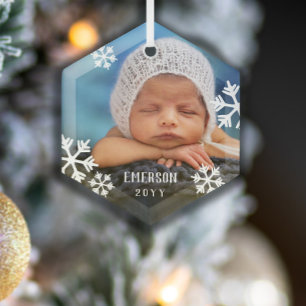 Treibende Schneeflocken Baby-Foto mit Namen und Ja Ornament Aus Glas