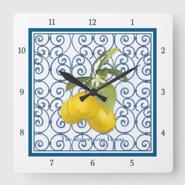 Trellis Scroll Lemon Branch Personalisiert Blue Quadratische Wanduhr (Vorderseite)