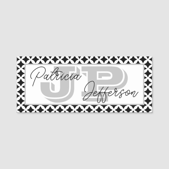 Trend Schwarz-Weiß-Mesh-Border-Monogramm Namensschild (Vorderseite)