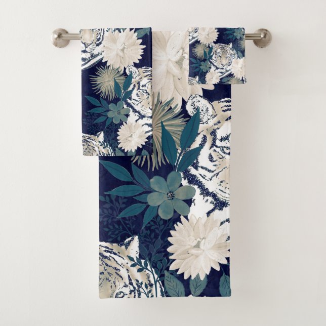 Trendblau Tiger Animal Watercolor Blumendesign Badhandtuch Set (Insitu)