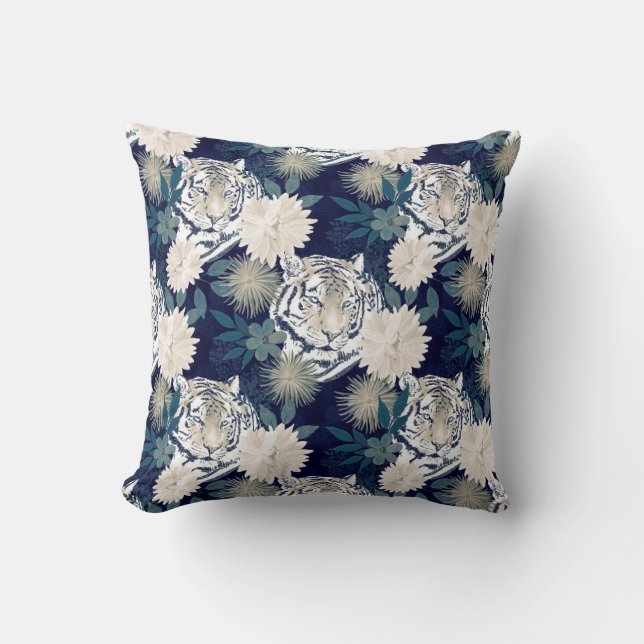 Trendblau Tiger Animal Watercolor Blumendesign Kissen (Vorderseite)