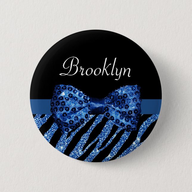 Trendblue Zebra Print IMITATE Glitz Bow mit Namen Button (Vorderseite)
