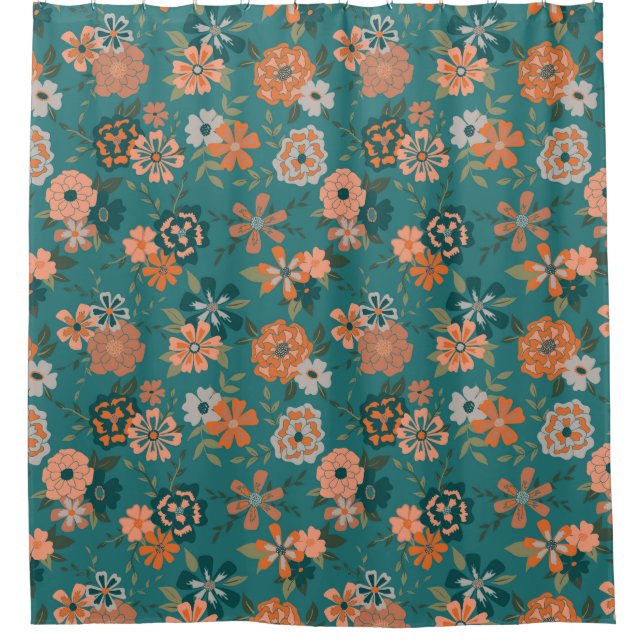 Trendfarbene Aquamarine Orangenmuster-Blume Duschvorhang (Vorderseite)