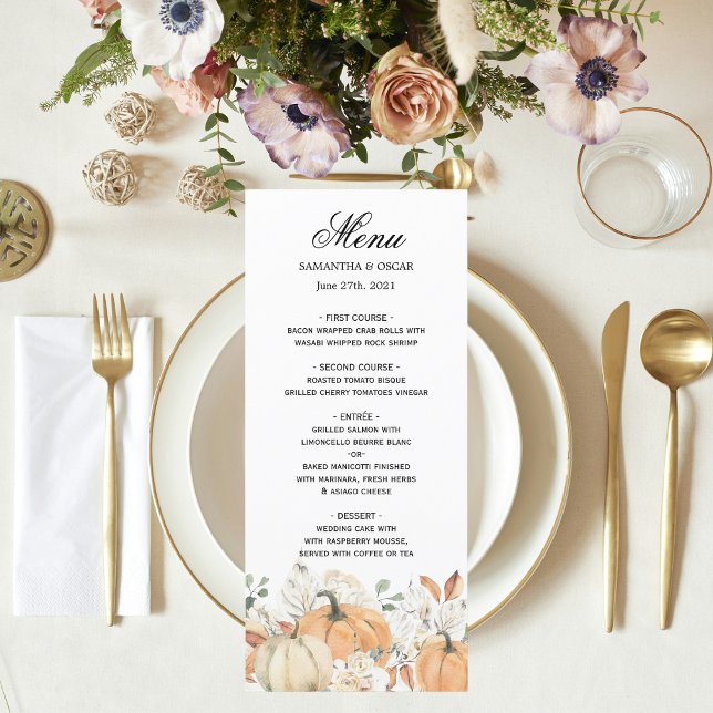 Trendfarbene Blume & Pumpkins Herbst Menükarte (Von Creator hochgeladen)