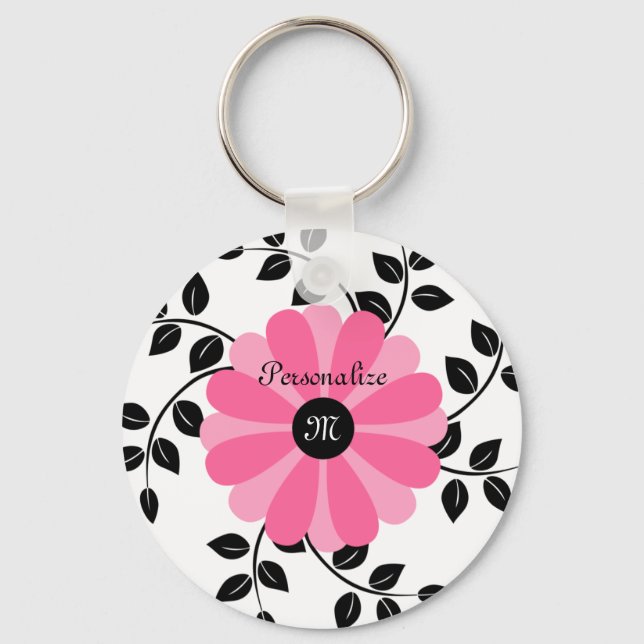 Trendfarbene, Mit Monogramm rosa und schwarze Blum Schlüsselanhänger (Vorderseite)