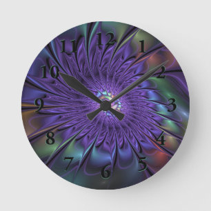 Trendfarbene Moderne Abstrakte Fraktal Blume Runde Wanduhr