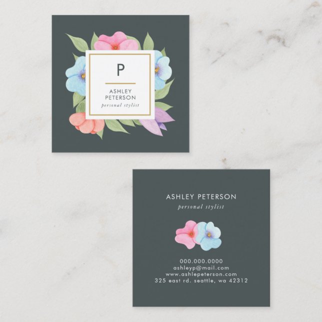 Trendfarbene Niedliche Aquarellfarbe Rosa Blume Mo Quadratische Visitenkarte (Vorne/Hinten)