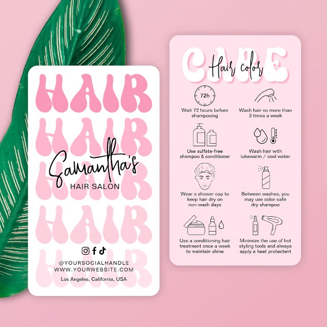 Trendfarbener Retro-Retro für die Haarstühle Visitenkarte (Trendy pink hair coloring customer care card with retro fonts and space for your hair salon details)