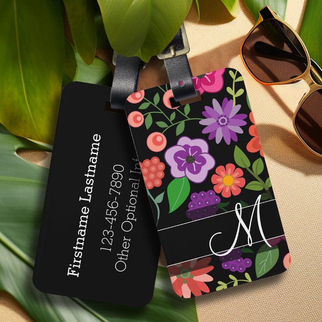 Trendfarbenes Muster (Hot Pink und Black Monogram) Gepäckanhänger (Personalized luggage tag with retro flower pattern and monogram - add contact information on back)
