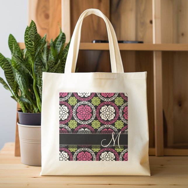 Trendfarbenes Muster (Hot Pink und Black Monogram) Tragetasche (Personalized tote bag with custom text)