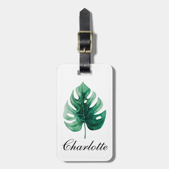Trendfarbenes Wasser Tropisches Grünes Monstera Le Gepäckanhänger (Vorderseite vertikal)