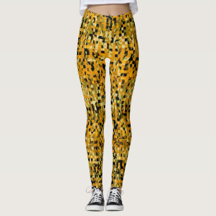Trendgelbes, orangefarbenes, schwarz Pixel Muster Leggings