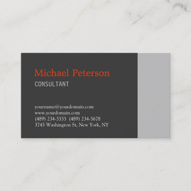Trendgraue Orange Modern Consultant Business Card Visitenkarte (Vorderseite)