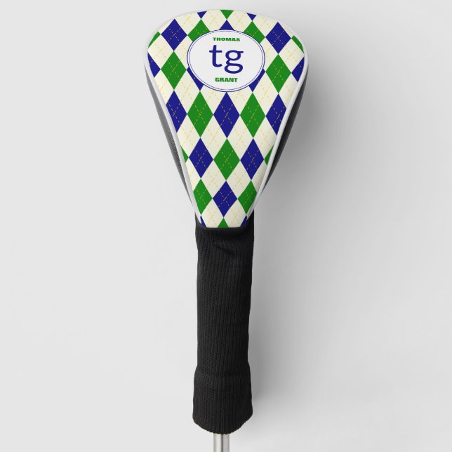 Trendgrüne blaue Raute Muster Modernes Monogramm Golf Headcover (Vorderseite)