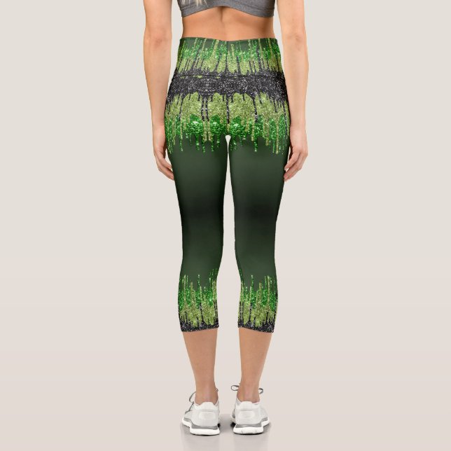 Trendgrüne schwarze Glam tropfend Halloween Thema Capri Leggings (Rückseite)