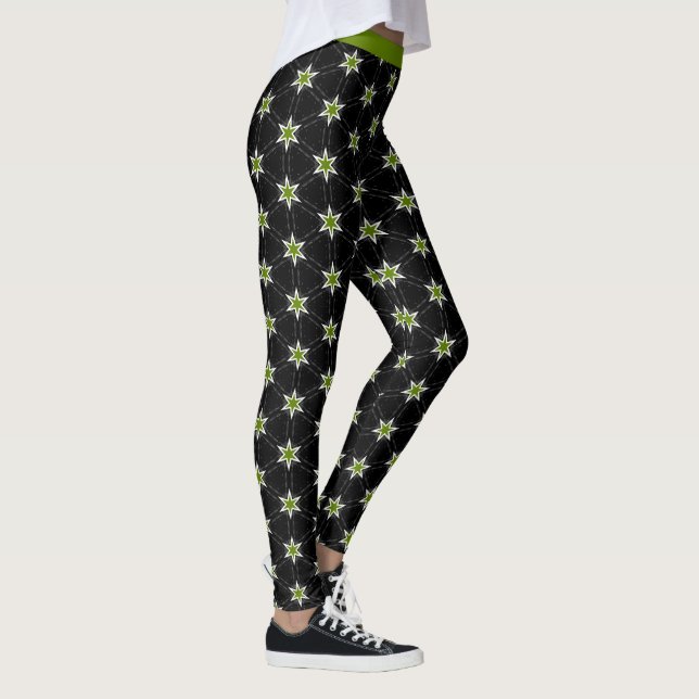 Trendgrüne Sterne auf schwarzem Muster Leggings (Rechts)