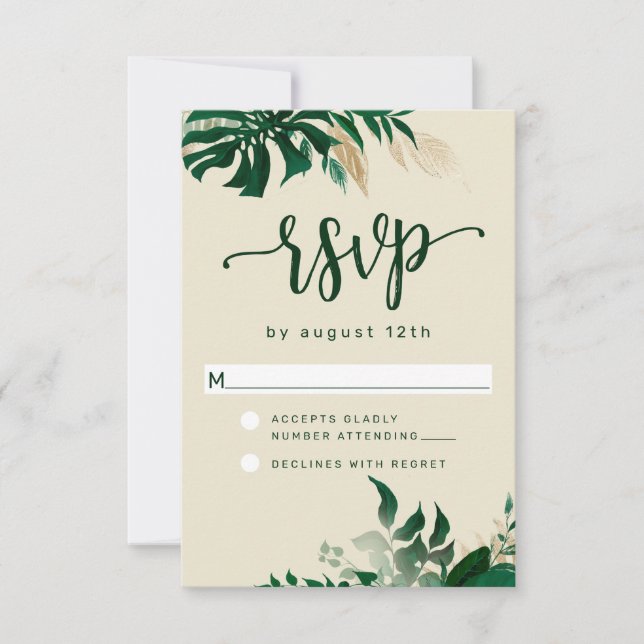 Trendgrüne tropische Blätter Moderne Hochzeit RSVP Karte (Vorderseite)