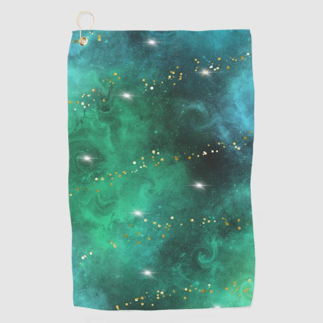 Trendgrünes blaues Aquamarines Gold Galaxy Muster Golfhandtuch (Vorderseite)