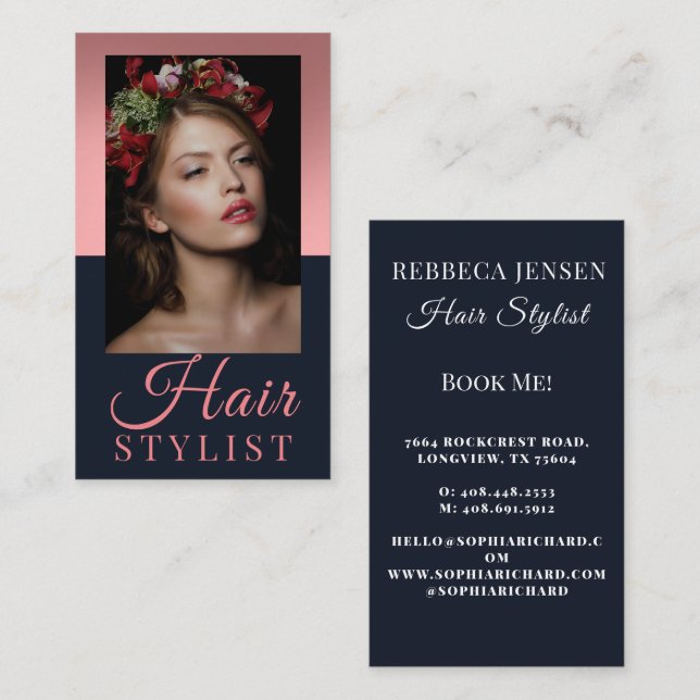 Trendhaar-Stylistin Rosa Drehbuch Friseur Foto Visitenkarte (Vorne/Hinten)