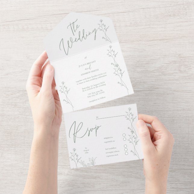 Trendhochzeit in Weiß und Grün All In One Einladung (Abreißen)