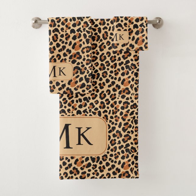 Trendig fett Leopard Print Custom Monogram Badhandtuch Set (Insitu)