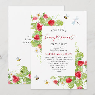 Trendige Aquarell-Wiesen-Erdbeer-Baby-Party Einladung