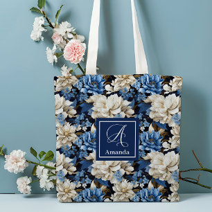 Trendige blaue Elfenbein-Blumen personalisierte Tr Tasche
