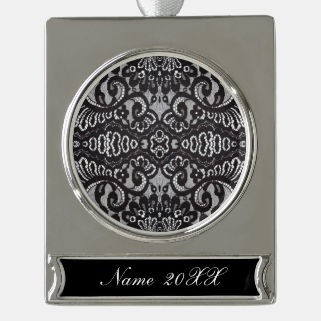 trendige böhmische, mädchenhafte Pariser Schwarze  Banner-Ornament Silber (Vorderseite)