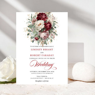 Trendige Burgund- und weiße Blumen-Hochzeitseinlad Einladung