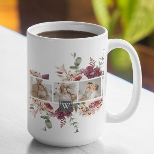 Trendige Collage Familienfoto Bunte Blumen Geschen Kaffeetasse