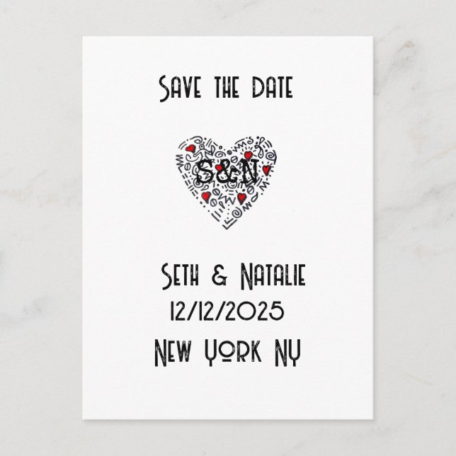 trendige Doodle-Liebe Save the Date Postkarte (Vorderseite)