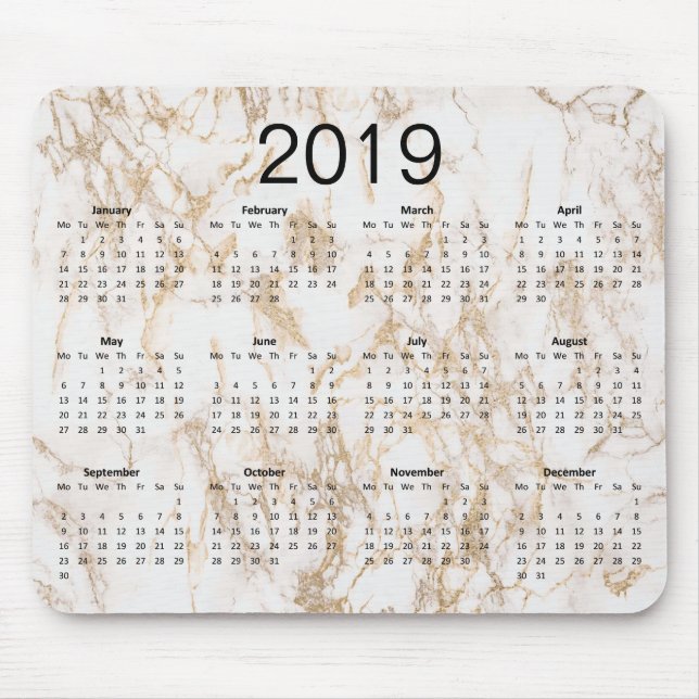 Trendige Elegant Gold Marble 2019 Kalender Mousepad (Vorne)