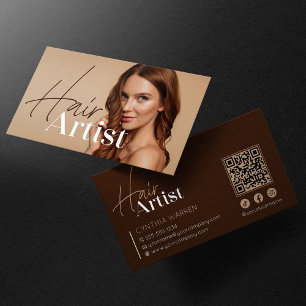 Trendige elegante braune Friseur-Foto-QR-Code Visitenkarte