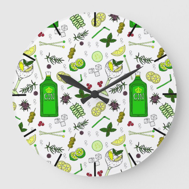 Trendige Gin Cocktails Print Cocktail Bar Gemuster Große Wanduhr (Vorderseite)
