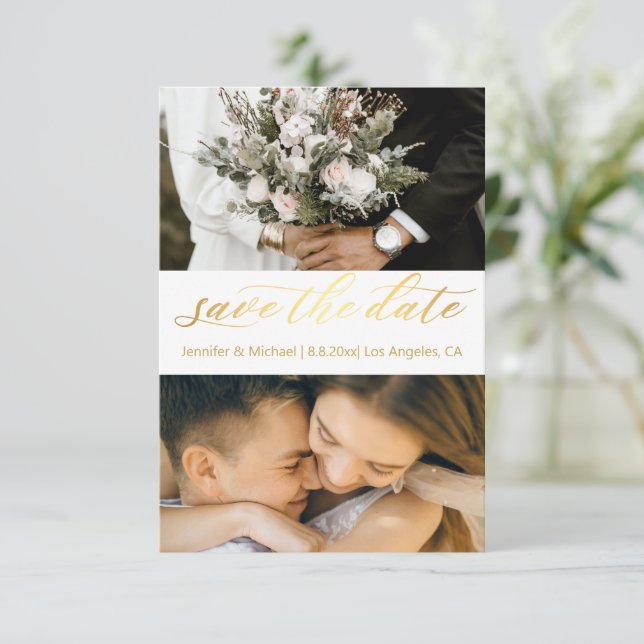 trendige Goldschrift 2Foto Save the Date Karte (Stehend Vorderseite)