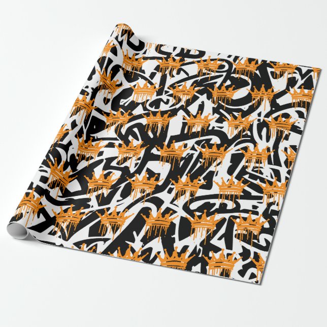 Trendige Graffiti-Kronen-Muster Orange Schwarz  Geschenkpapier (Ungerollt)