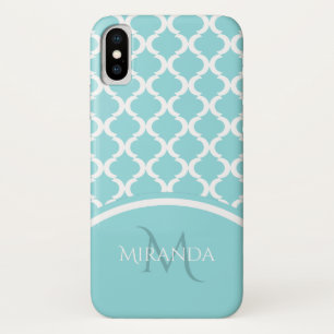 Trendige große aqua-vierblatt-Monogramm und Name iPhone X Hülle