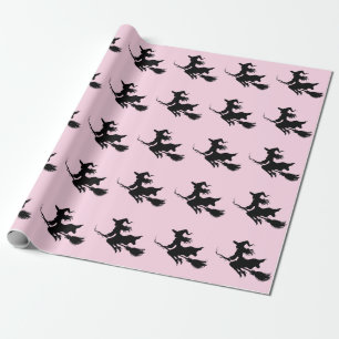Trendige gruselige Halloween-Hexe fliegt Geschenkpapier