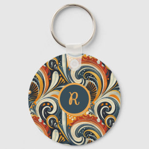 Trendige Hip Retro Orange Tiefes Teal Wirbel Monog Schlüsselanhänger