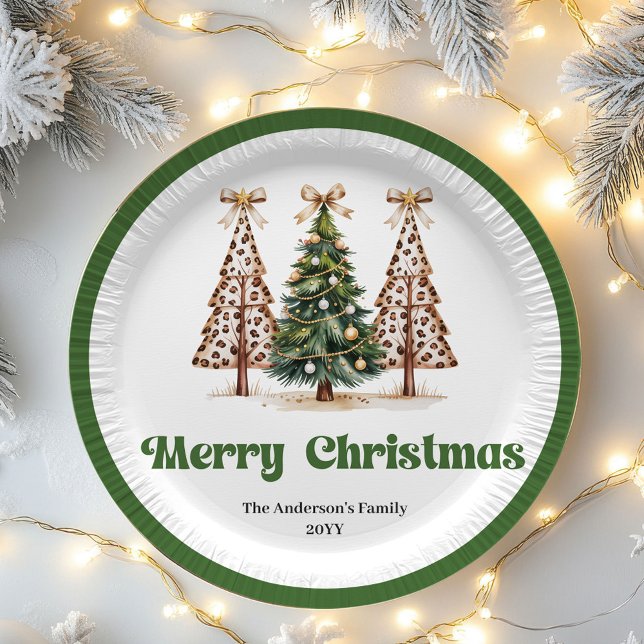 Trendige Leopard-Weihnachtsbaum Namensschilder Pappteller (Trendy Leopard Christmas Tree Custom Name Paper Plates)