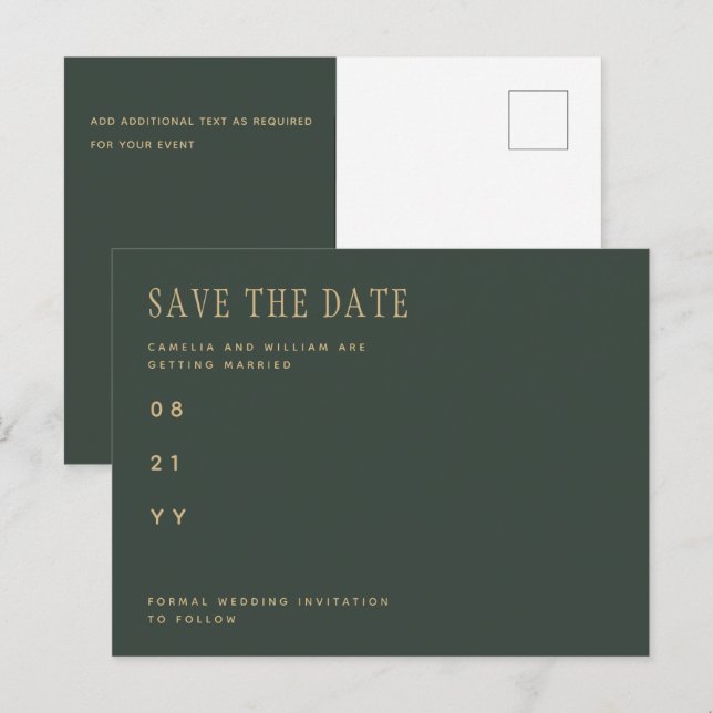 Trendige moderne Olive Green Wedding retten das Da Postkarte (Vorne/Hinten)