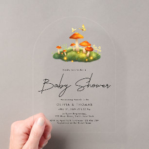 Trendige moderne Pilzwald-Schrift Baby Shower Acryleinladungen