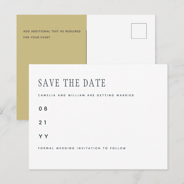Trendige, moderne, weiße Hochzeit retten das Datum Postkarte (Vorne/Hinten)
