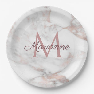 Trendige Rose Gold-Marmordesign-Monogramm-Vorlage Pappteller