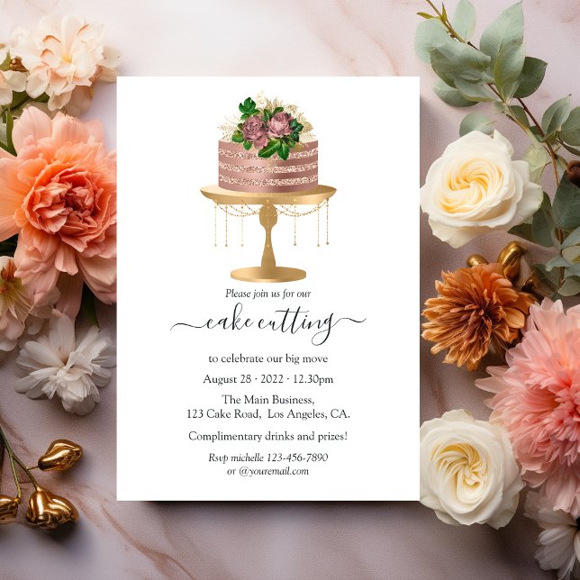 Trendige Rose Gold und Gold Blumenkuchen schneiden Einladung (Von Creator hochgeladen)