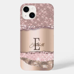 Trendige Roségold-Diamanten Glitter-Monogramm Case-Mate iPhone 14 Hülle