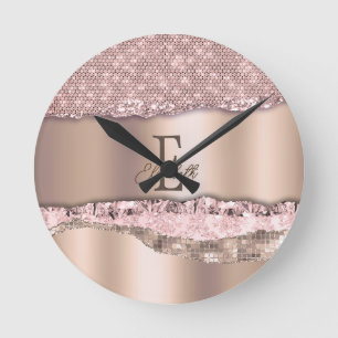 Trendige Roségold-Diamanten Glitter-Monogramm Runde Wanduhr