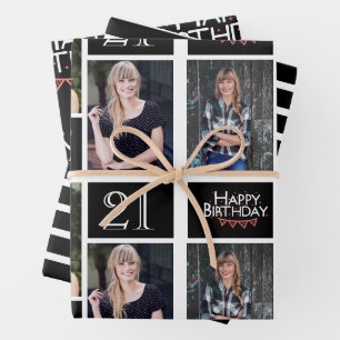 Trendige Schwarz-Weiß-Fotocollage 21. Geburtstag  Geschenkpapier Set