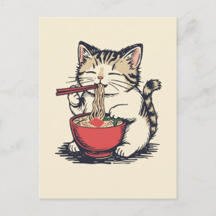Trendige süße Katze, die japanische Ramen isst Postkarte